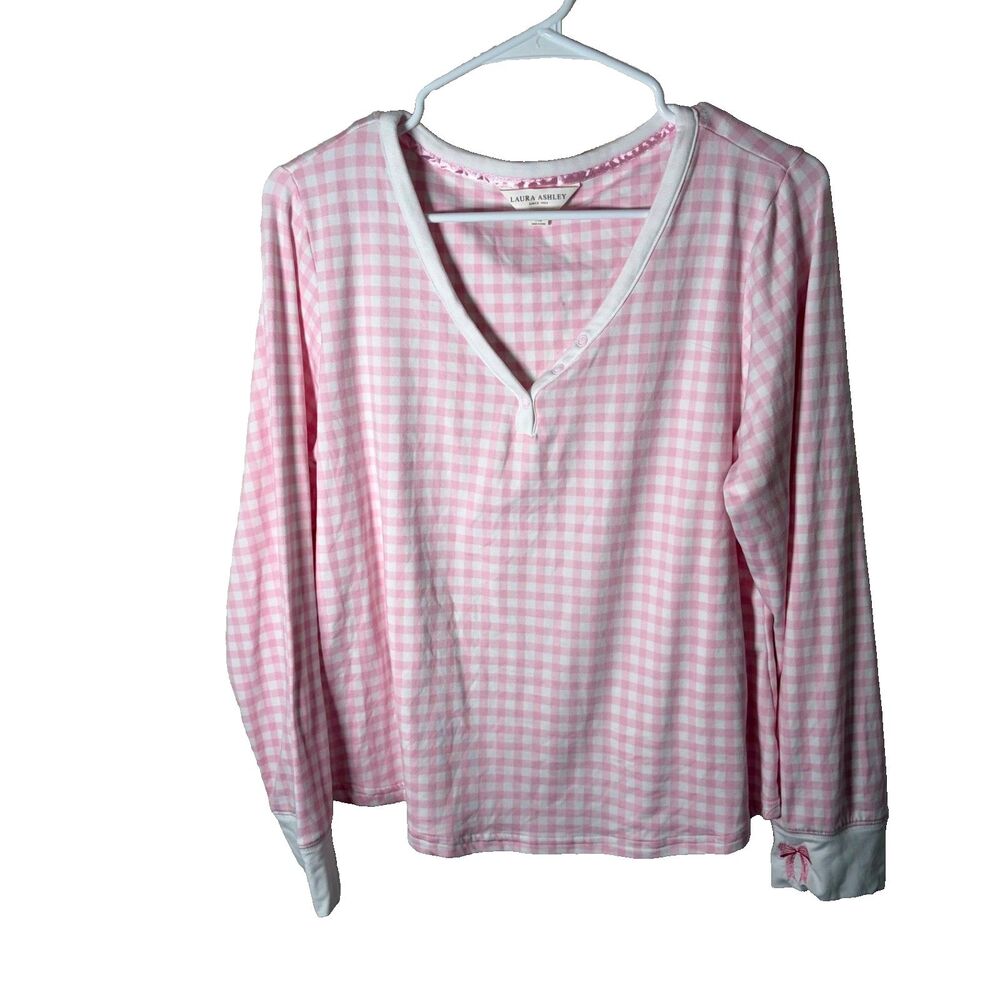 Laura Ashley Pajama Top Women's XL Pink Gingham Long Sleeve V-Neck Casual